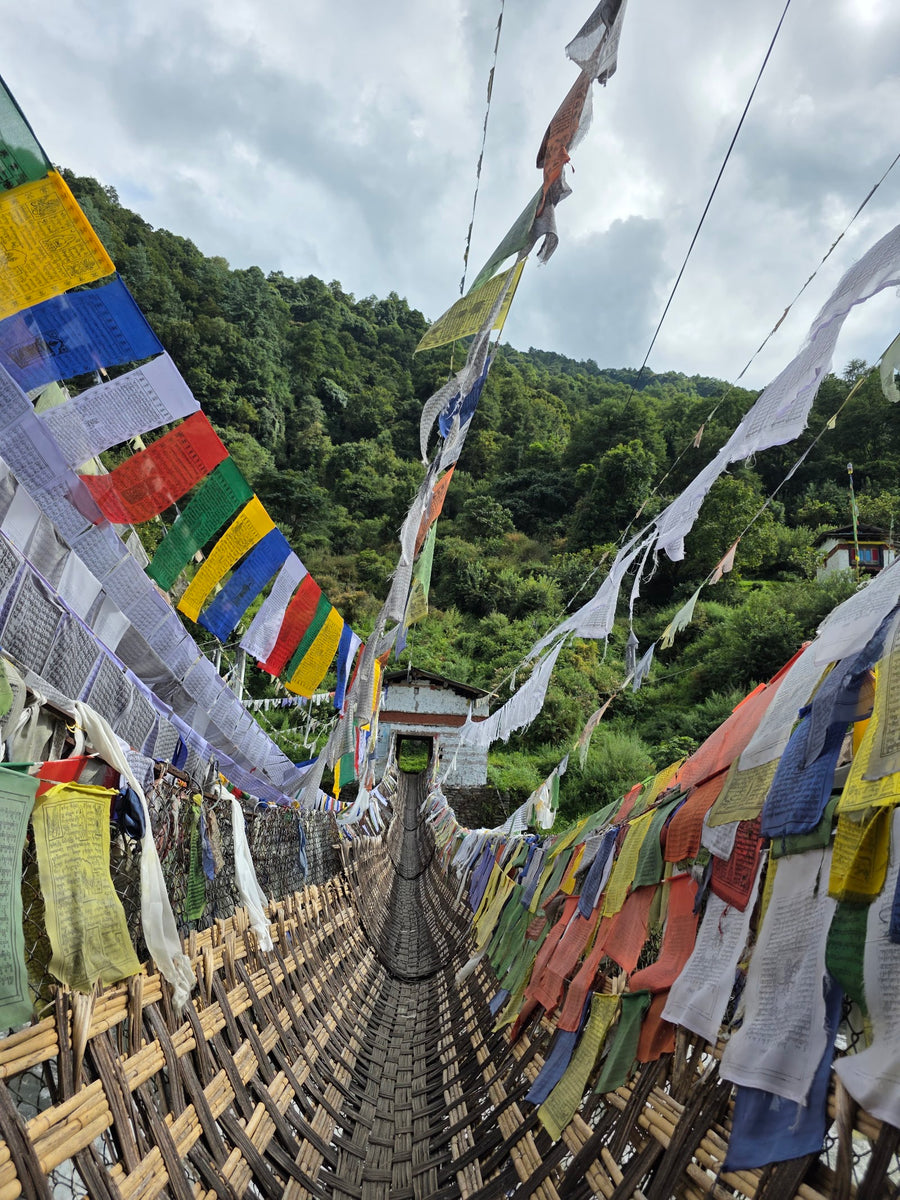 A footbridge covered in prayer flags over a forested valley