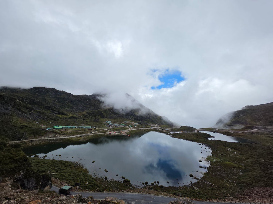 A high-altitude lake under low cloud