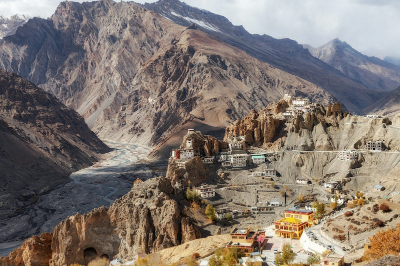 Dhankar monastery and village on eroded cliffs above the Spiti river valley
