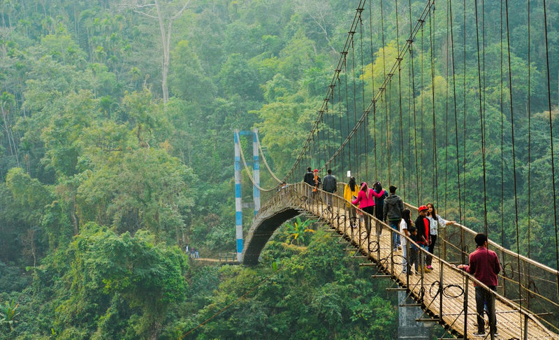 People walking across a suspension footbridge over the forested Umngot river at Shnongpdeng